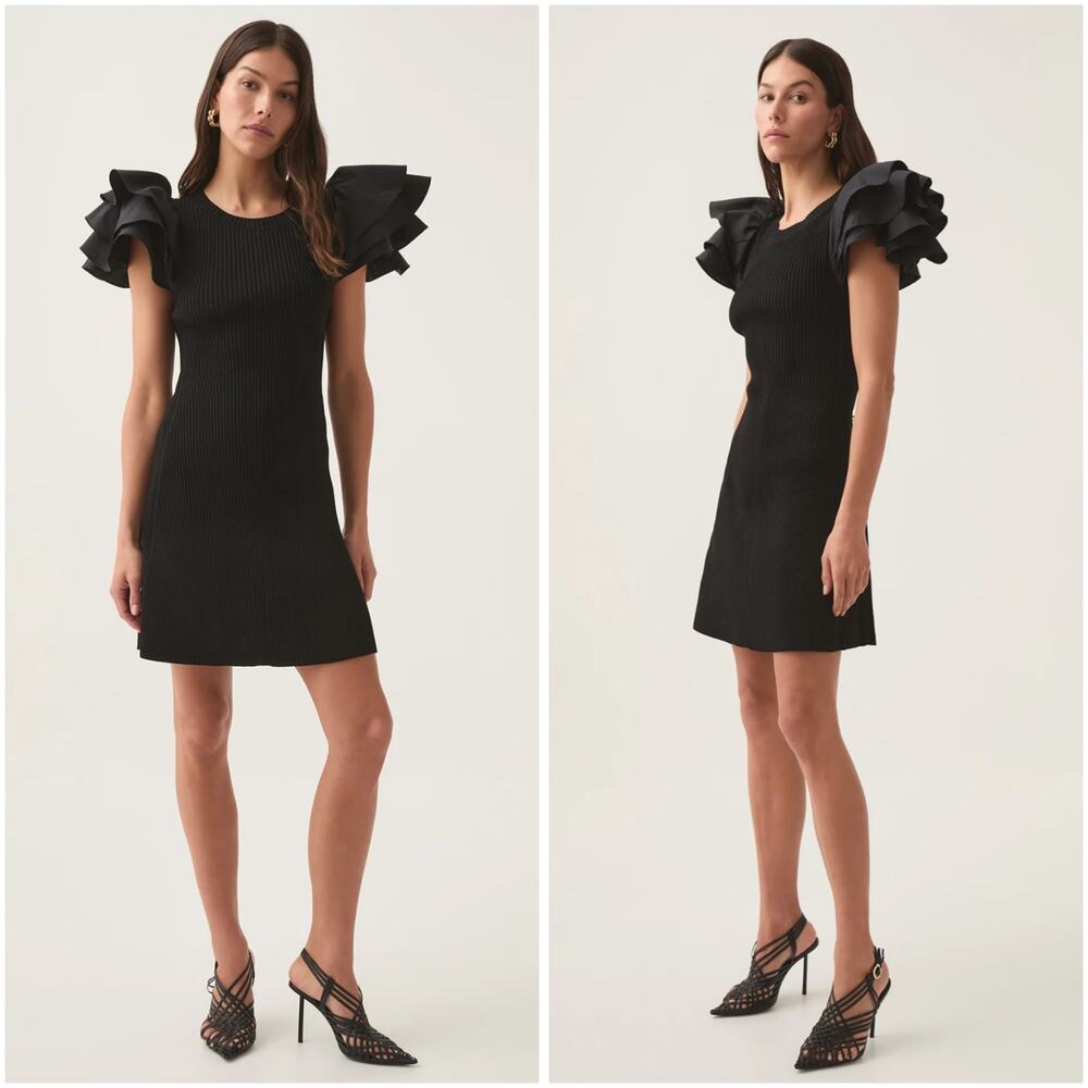 Aje Black Questa Puff Ruffle Sleeve Mini Dress XS Extra Small